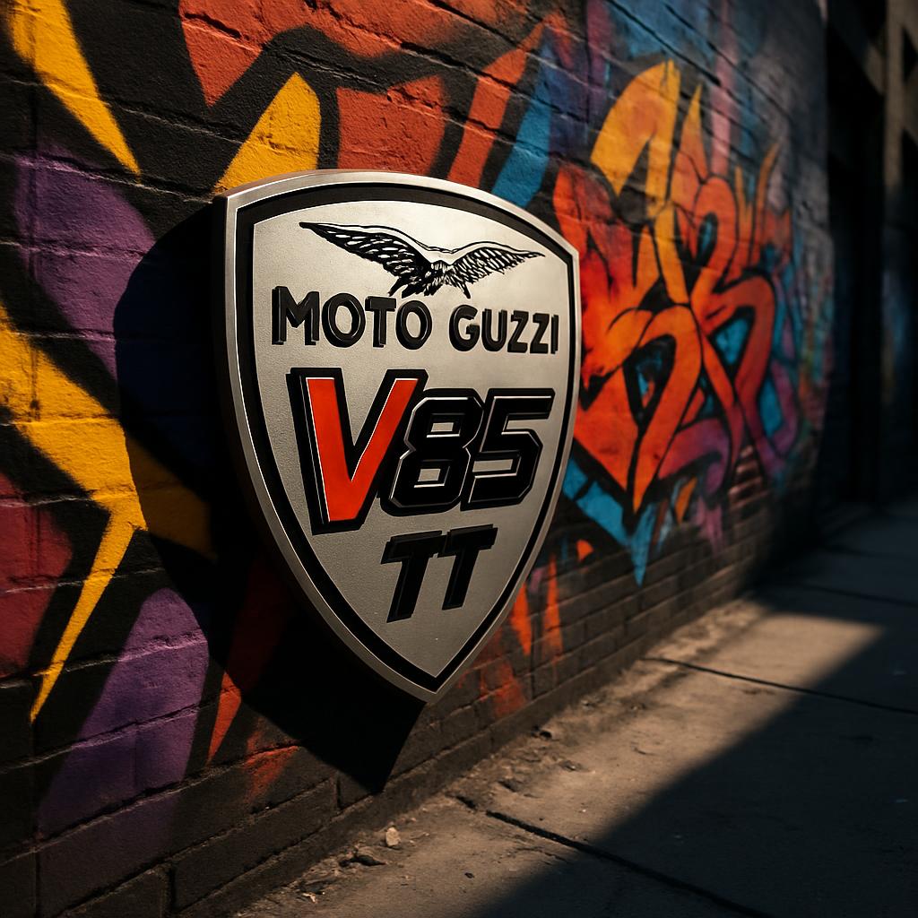 Moto Guzzi Custom Motorcycle By V85 TT with metal logo propped against a vibrant urban graffiti wall - motorcycle.