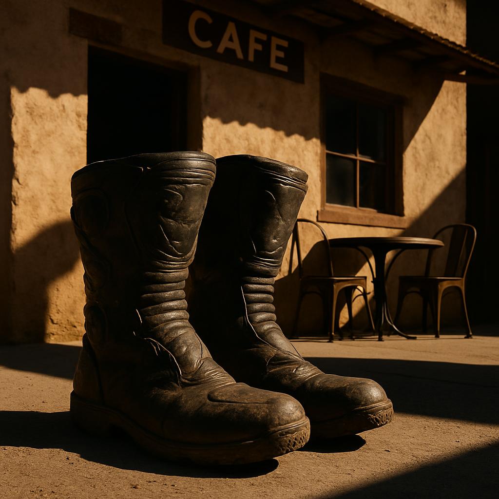 A pair of worn, dusty sleek black leather riding boots, tipped slightly out of the frame. Light is reflected off their sur...